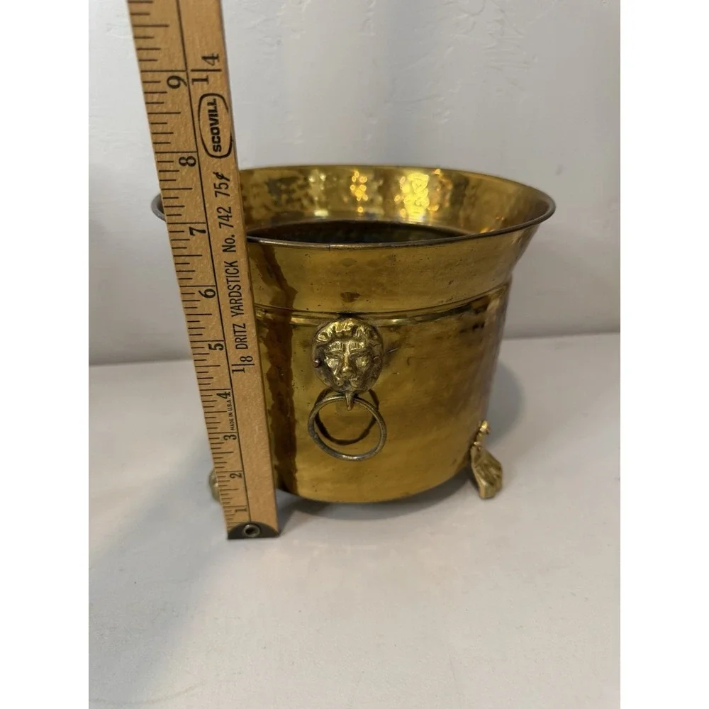 Vintage Brass Lion Head Planter Hollywood Regency Footed Cachepot Plant Pot 7